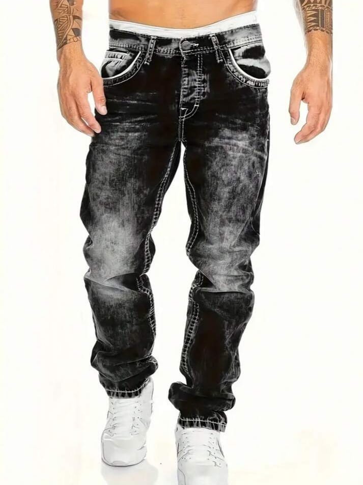 DEVIL-DENIM Men's Fashionable Contrast Slant Pocket Stretch Jeans